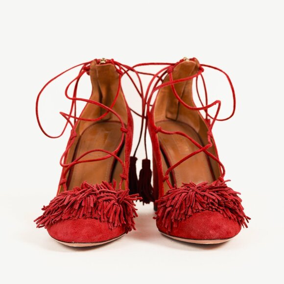 Aquazzura Wild Thing Pomegranate Fringe Lace-Up Block-Heel Pumps - Picture 3 of 11